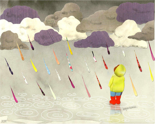 Greeting Card of a Child Watching Rainbow Rain in Spring Puddles - Blank Inside