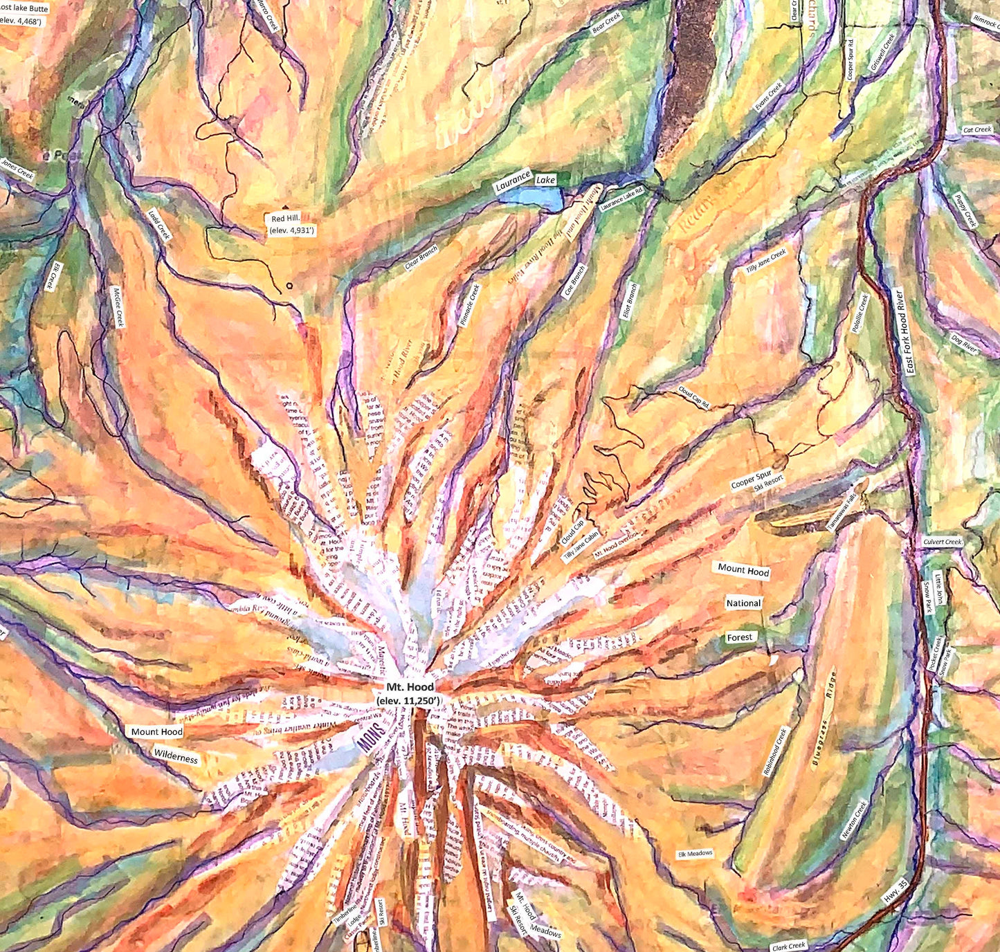 Blank Greeting Card - Hood River Valley Topo Map - Mixed Media Collage