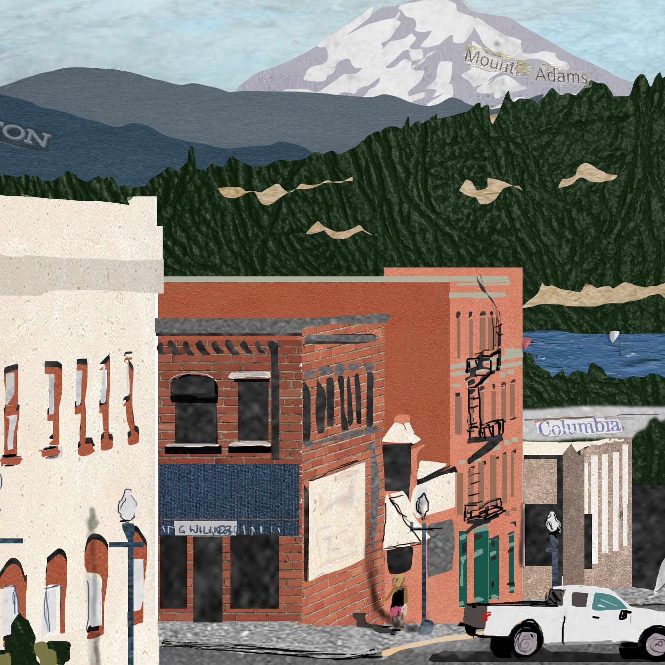 8x10 Art Print - Downtown Hood River - Mixed Media Collage