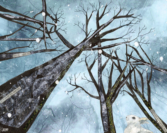 8x10 Art Print of a mixed media collage of snow falling in a winter forest, snowshoe hare, water cycle