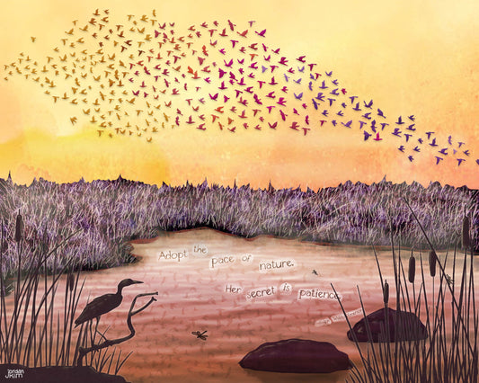 8x10 Art Print of a mixed media collage of a murmuration of birds over a wetland at sunset, heron