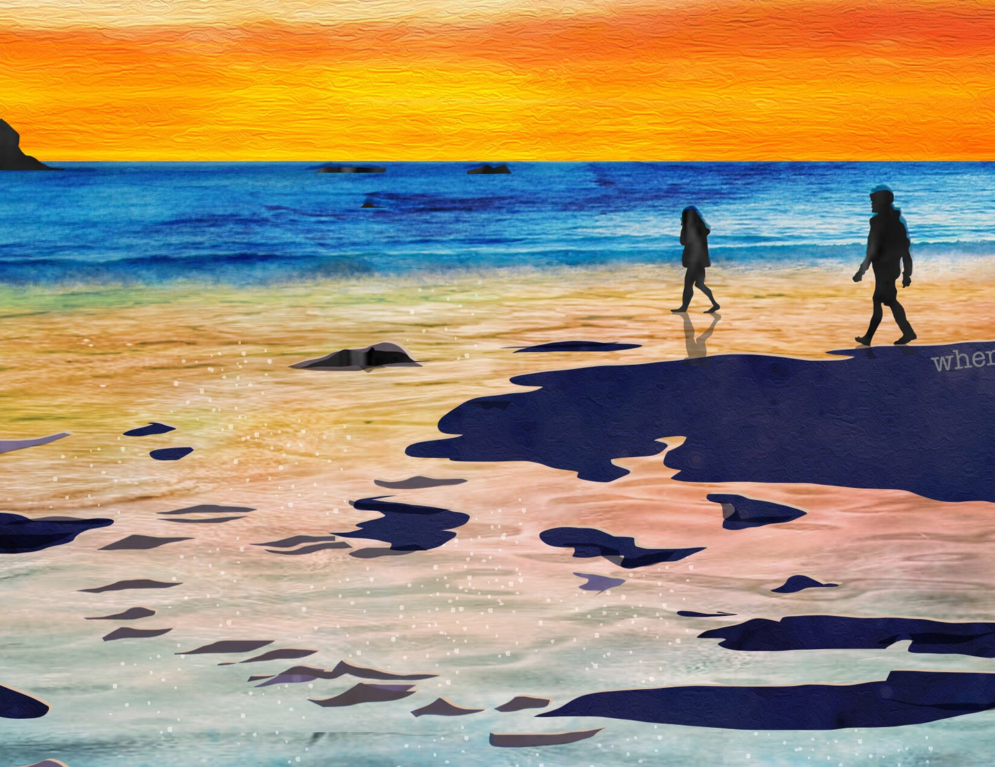 Greeting Card of mixed media collage of two people silhouettes walking on the beach at sunset, river mouth - Blank Inside