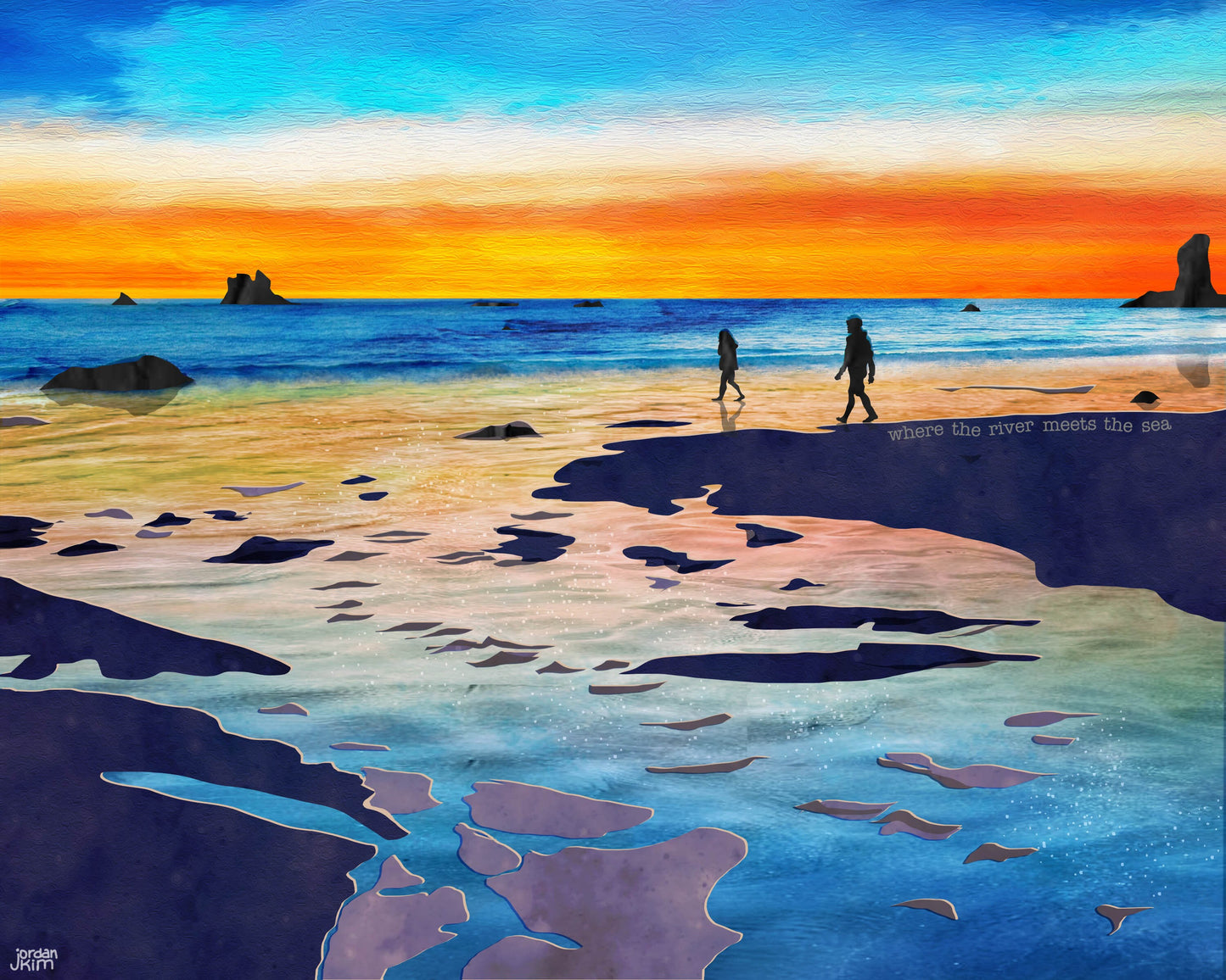 Greeting Card of mixed media collage of two people silhouettes walking on the beach at sunset, river mouth - Blank Inside