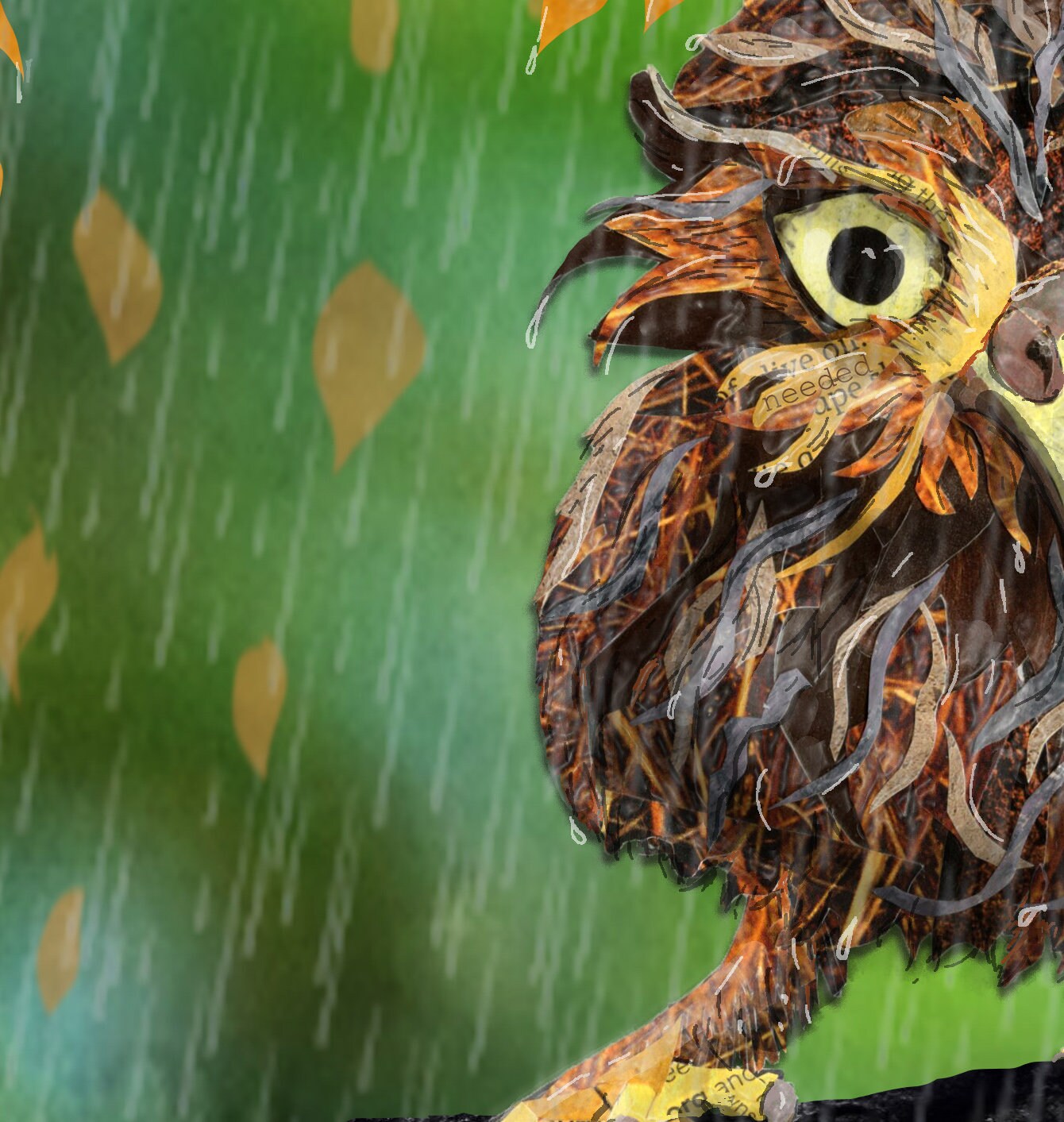 Greeting Card of mixed media collage of a small wet owl sitting on a branch in the rain - Blank Inside