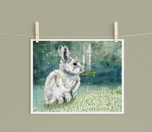 8x10 Art Print of a mixed media collage of a snowshoe hare in the first snow of the season, forest background