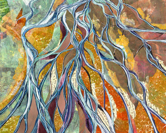 8x10 Art Print of a mixed media collage of the confluences of many braided river channels as seen from above