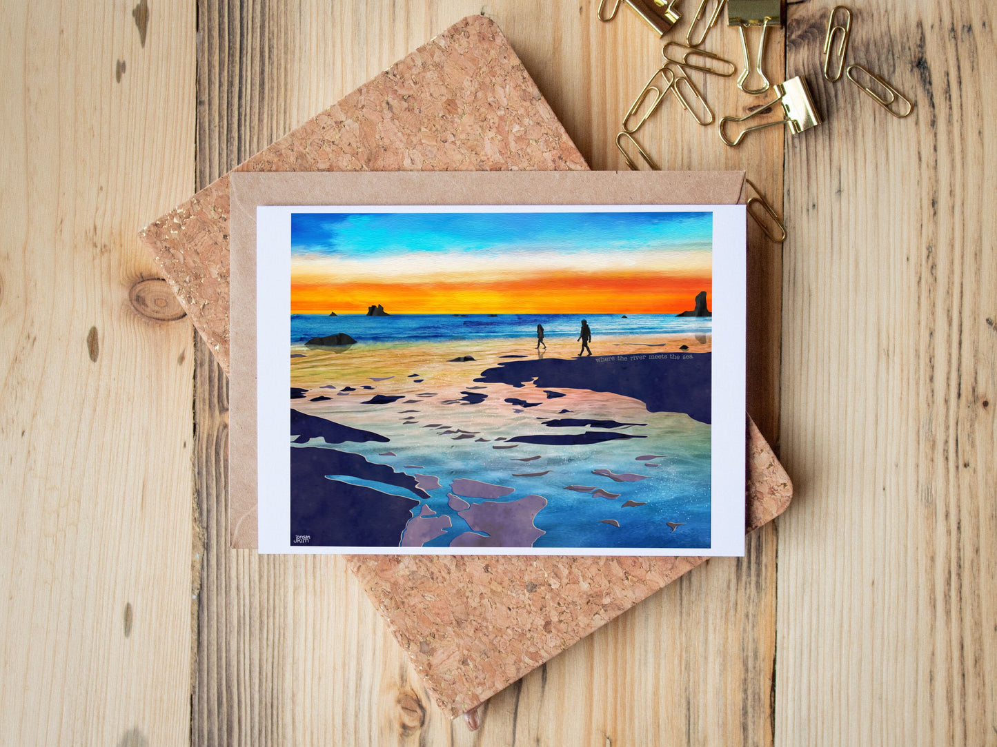 Greeting Card of mixed media collage of two people silhouettes walking on the beach at sunset, river mouth - Blank Inside