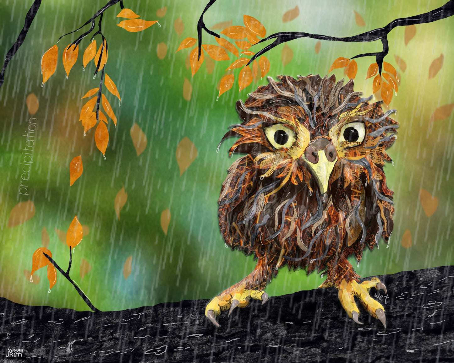 Greeting Card of mixed media collage of a small wet owl sitting on a branch in the rain - Blank Inside