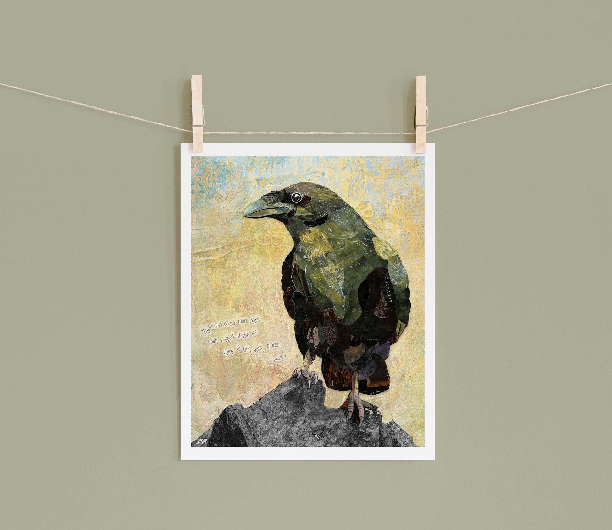 8x10 Art Print of a mixed media collage of a black green raven perched on a rock and inspirational quote about ravens