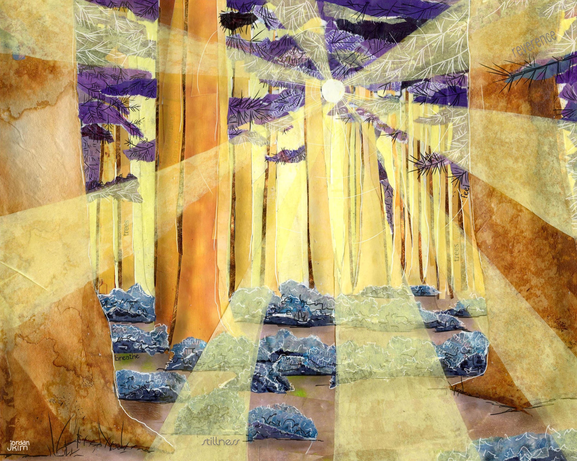 Greeting Card of mixed media collage of sunbeams shining through the trees in a forest of golds, blues, purples and oranges - Blank Inside