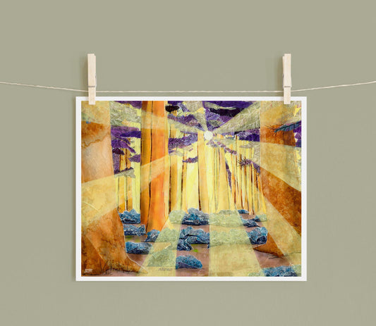 8x10 Art Print of a mixed media collage of sunbeams shining through the trees in a forest of golds, blues, purples and oranges