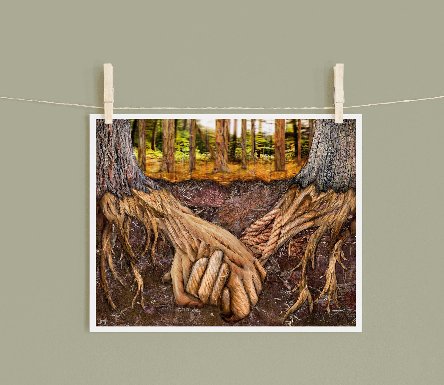 8x10 Art Print of a mixed media collage of tree roots holding hands under the soil surface with inspirational words incorporated