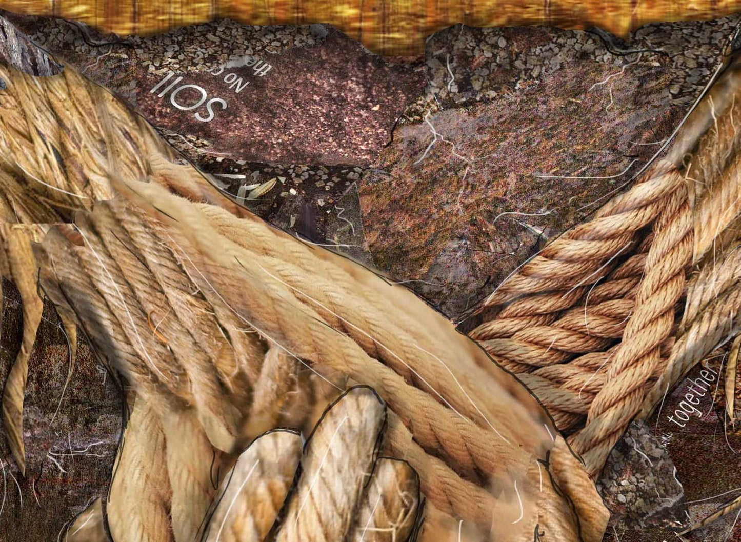 Greeting Card of mixed media collage of tree roots holding hands under the soil with inspirational words incorporated - Blank Inside