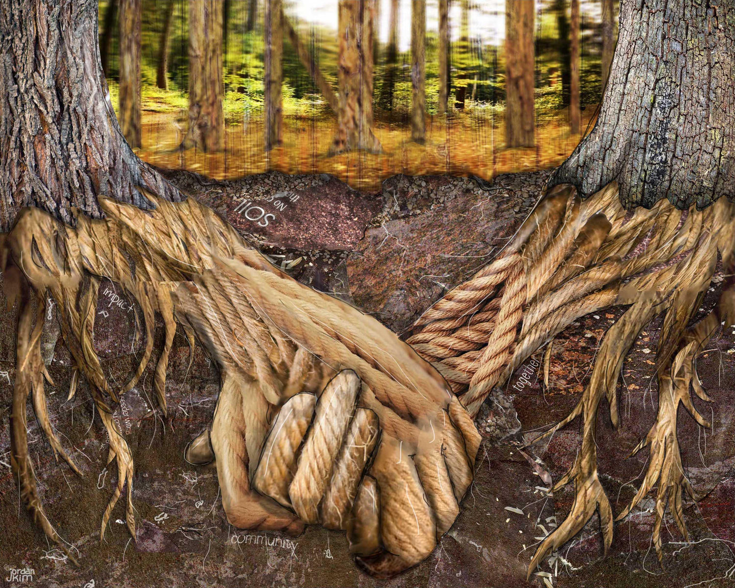 Greeting Card of mixed media collage of tree roots holding hands under the soil with inspirational words incorporated - Blank Inside