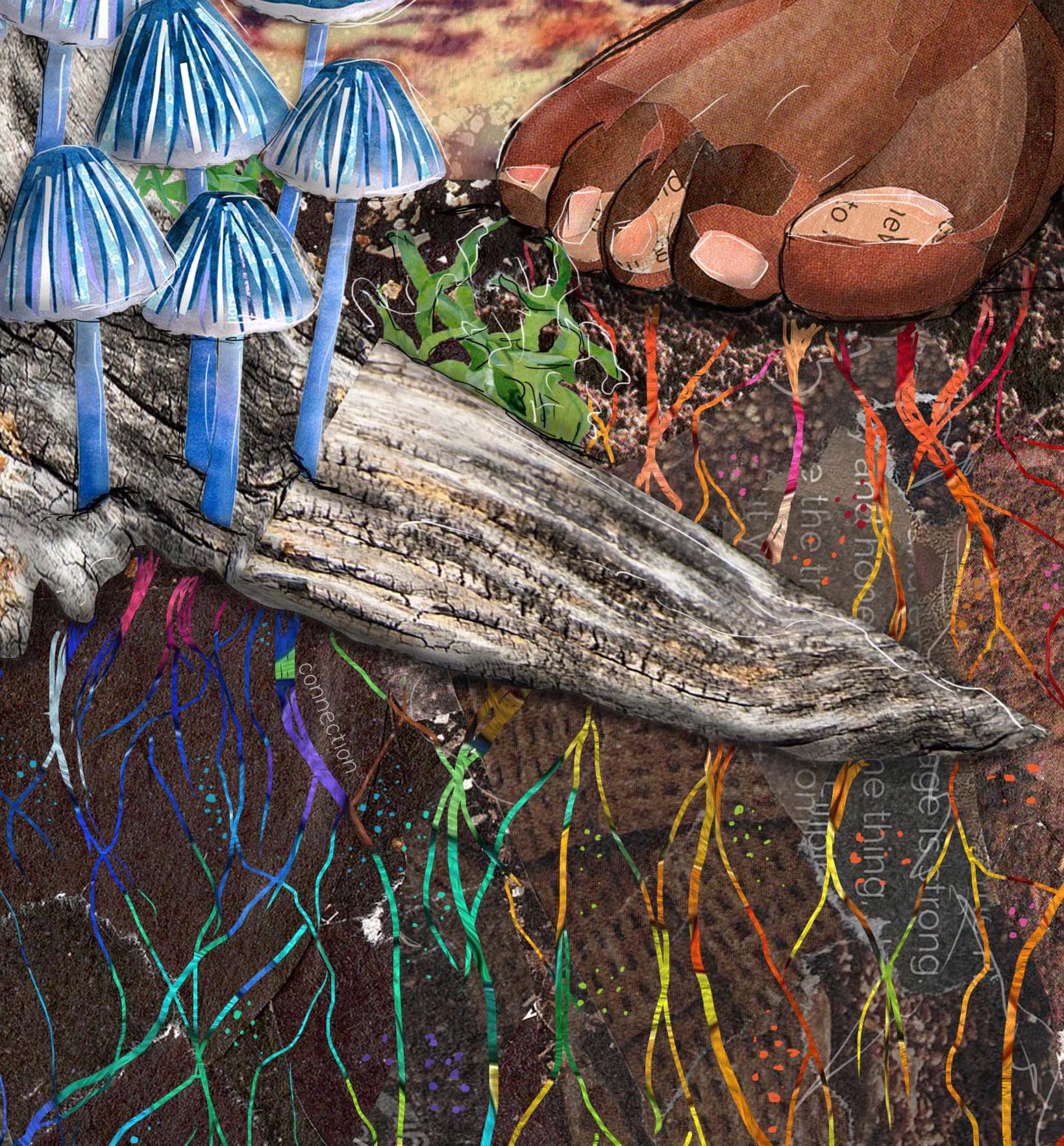 8x10 Art Print of a mixed media collage of rainbow-colored fungal threads, mycorrhizae, connecting mushrooms to a human foot above
