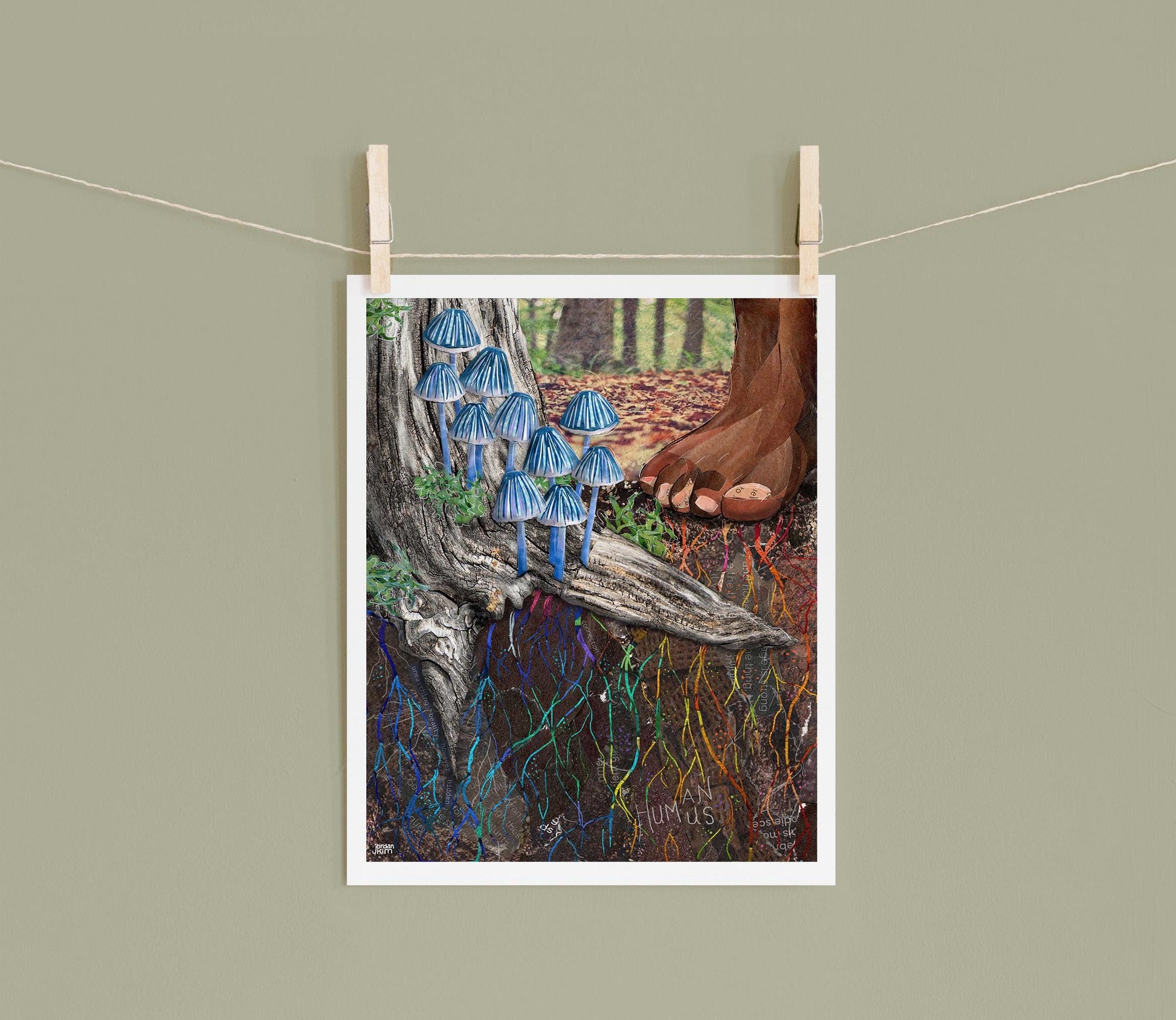 8x10 Art Print of a mixed media collage of rainbow-colored fungal threads, mycorrhizae, connecting mushrooms to a human foot above