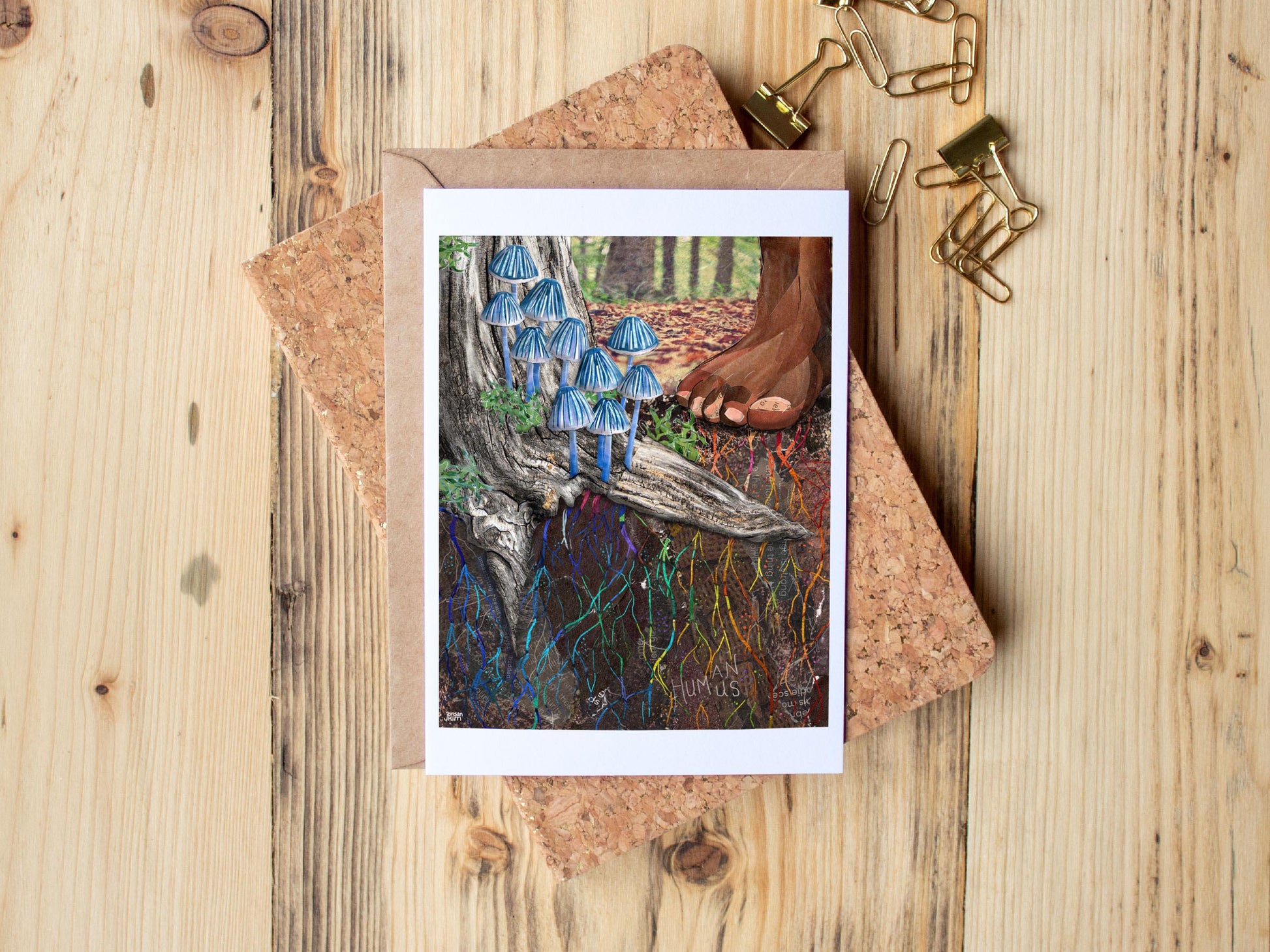 Greeting Card of mixed media collage of rainbow colored mycorrhizae fungal threads sprouting from mushrooms and a human foot - Blank Inside