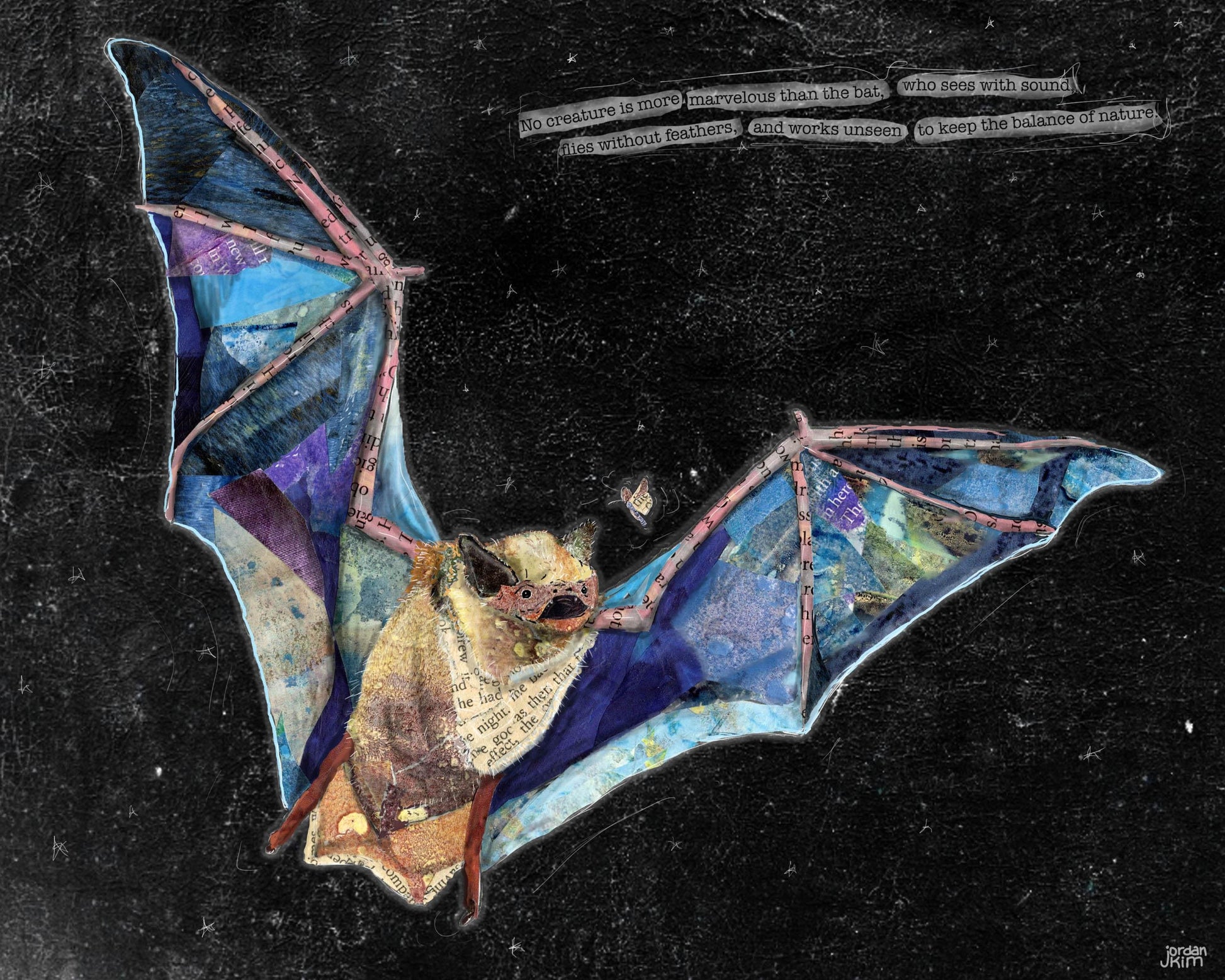 8x10 Art Print of a mixed media collage of a little brown bat done in blues with a night sky and inspirational quote about bats