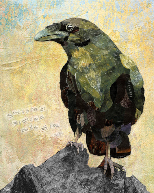 8x10 Art Print of a mixed media collage of a black green raven perched on a rock and inspirational quote about ravens