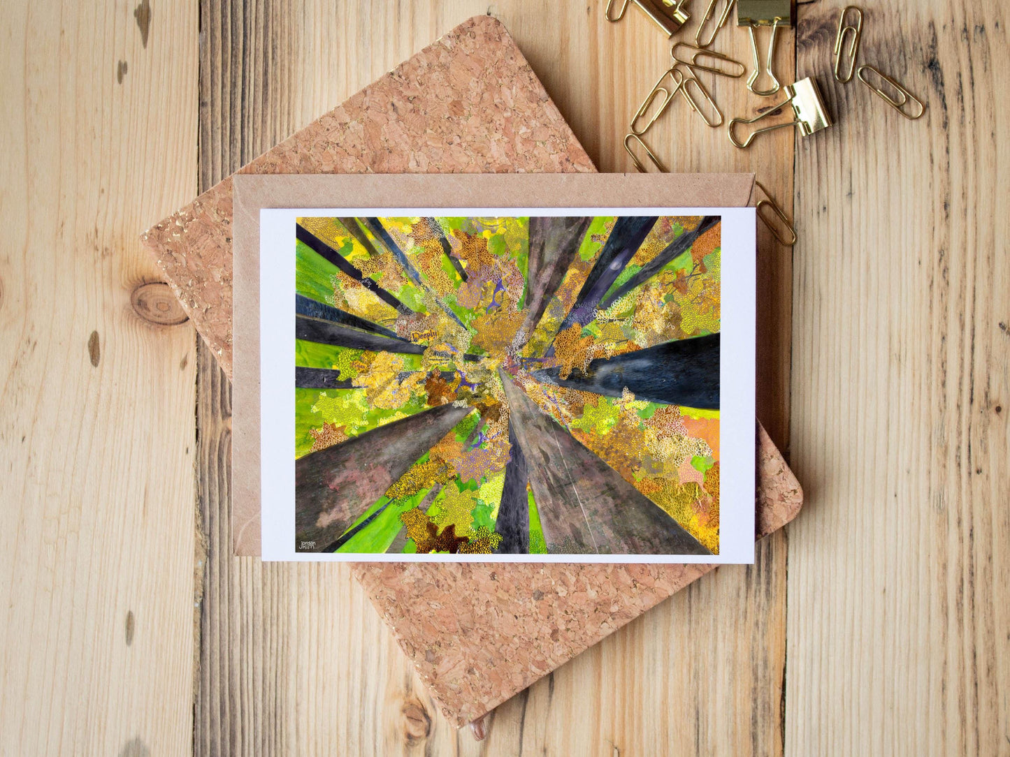 Greeting Card of mixed media collage of the view looking up into the canopy of a forest with leaves a tree branches - Blank Inside