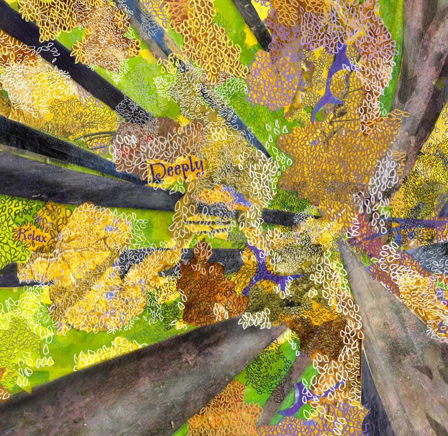 Greeting Card of mixed media collage of the view looking up into the canopy of a forest with leaves a tree branches - Blank Inside
