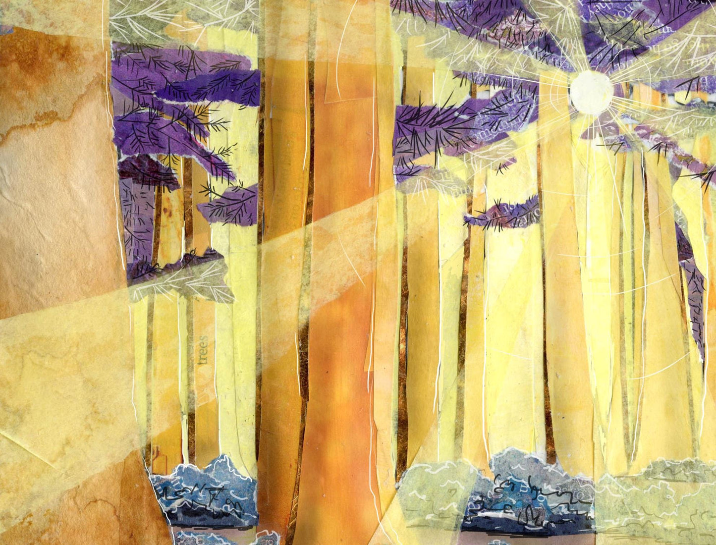 Greeting Card of mixed media collage of sunbeams shining through the trees in a forest of golds, blues, purples and oranges - Blank Inside