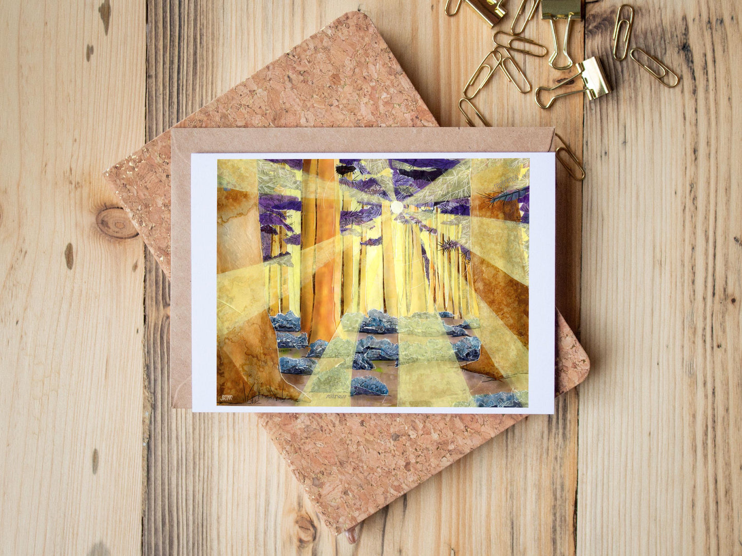 Greeting Card of mixed media collage of sunbeams shining through the trees in a forest of golds, blues, purples and oranges - Blank Inside