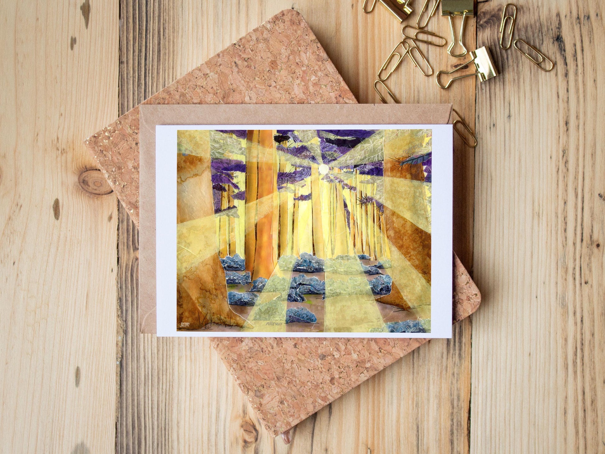 Greeting Card of mixed media collage of sunbeams shining through the trees in a forest of golds, blues, purples and oranges - Blank Inside