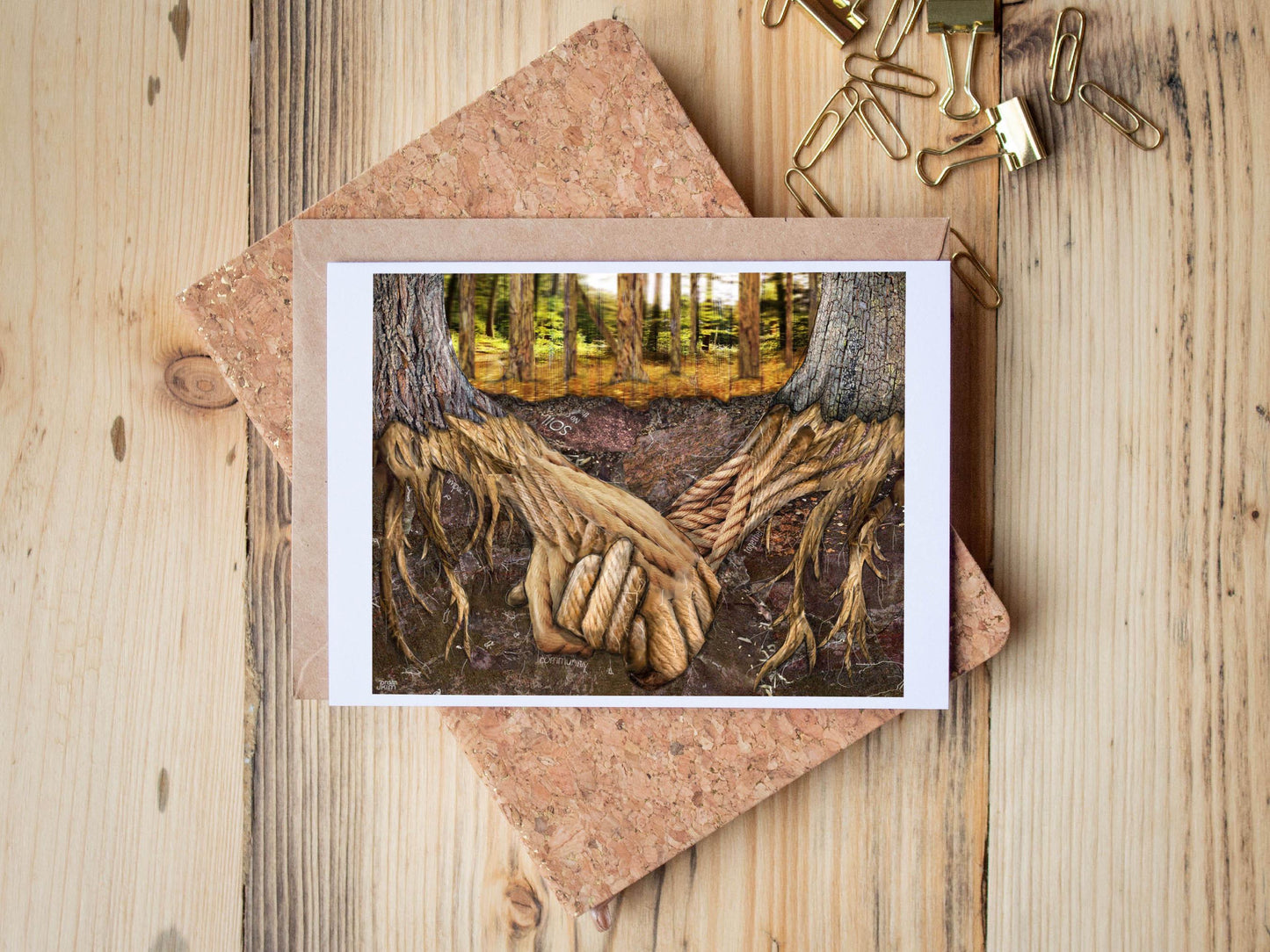 Greeting Card of mixed media collage of tree roots holding hands under the soil with inspirational words incorporated - Blank Inside