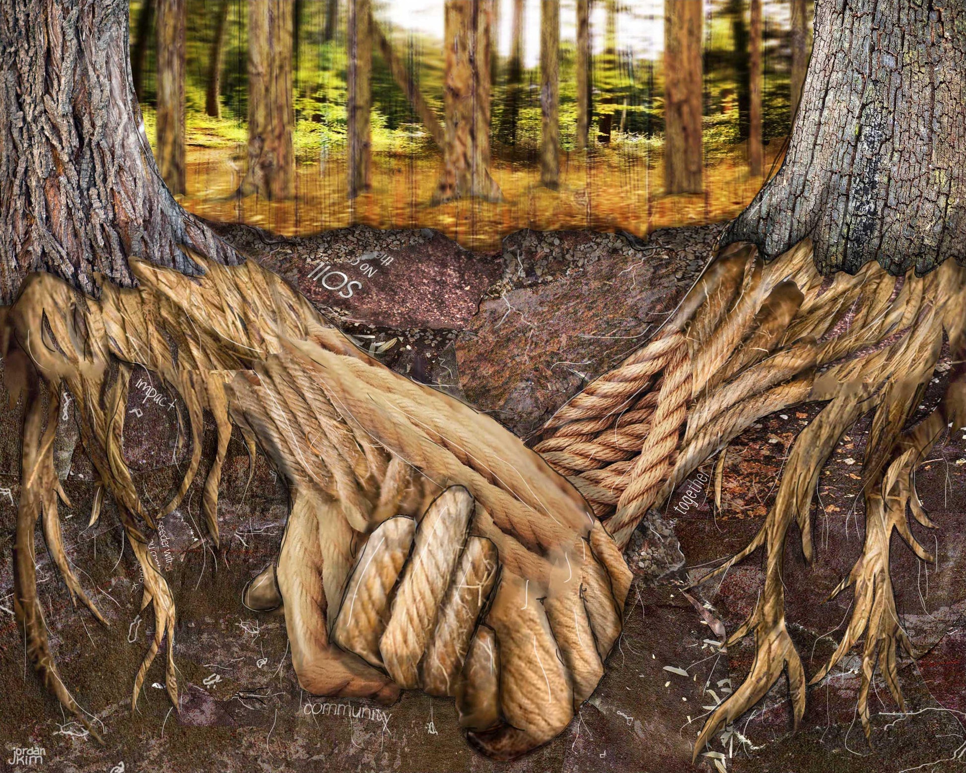 8x10 Art Print of a mixed media collage of tree roots holding hands under the soil surface with inspirational words incorporated