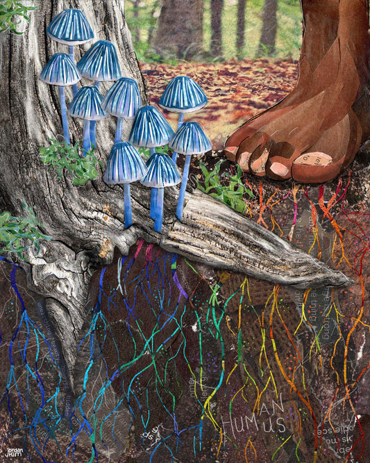8x10 Art Print of a mixed media collage of rainbow-colored fungal threads, mycorrhizae, connecting mushrooms to a human foot above