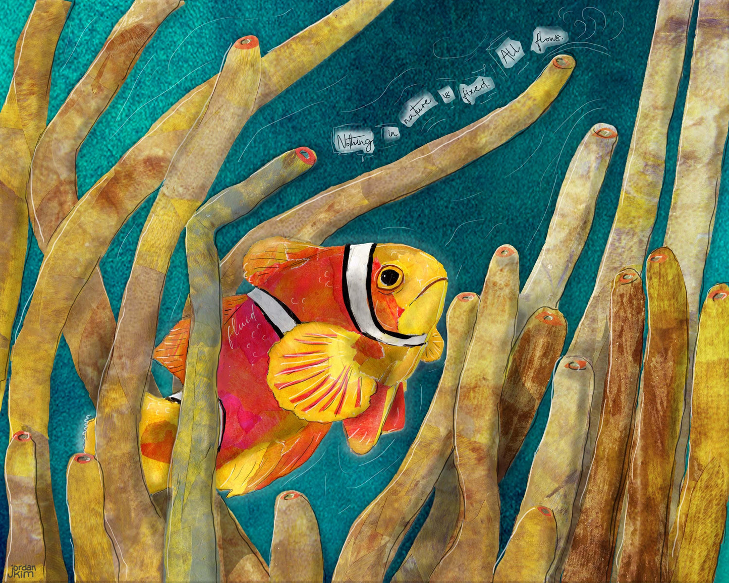 Clownfish Greeting Card – Mixed Media Ocean Art Card – Matriarchal Marine Life – 5x7 Blank Card by Jordan Kim