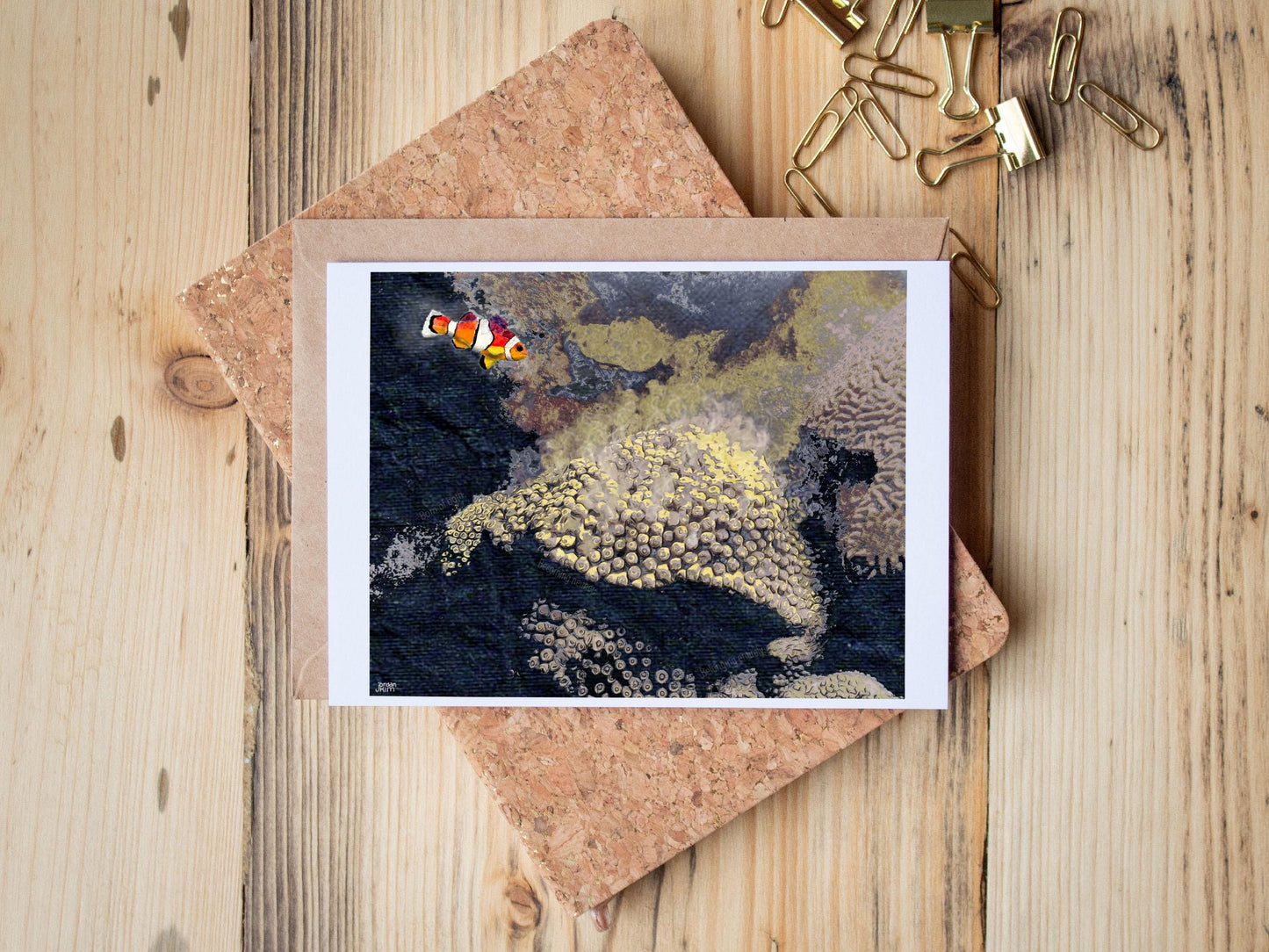 Coral Reef Greeting Card – Great Star Coral + Clownfish – Mixed Media Ocean Art – 5x7 Blank Card by Jordan Kim