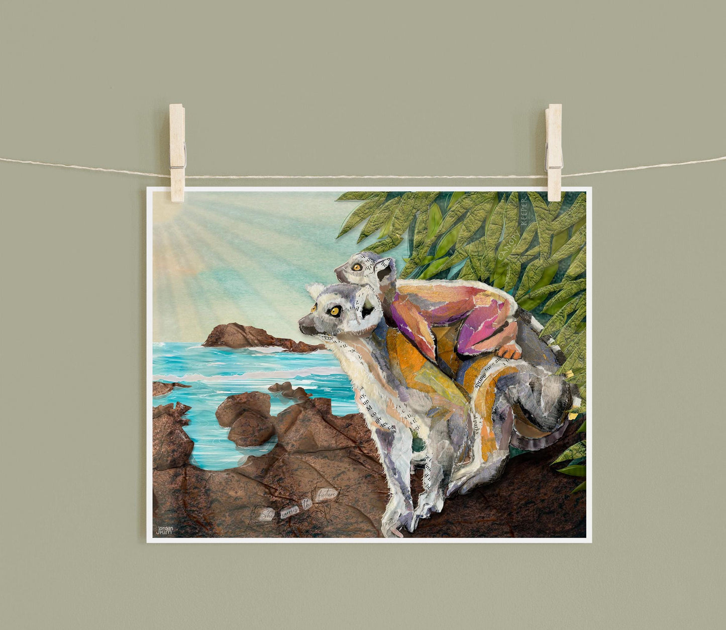 Lemur Wall Art – 8x10 Print of Lemur Mother & Baby – Matriarchal Animal Collage by Found and Rewound