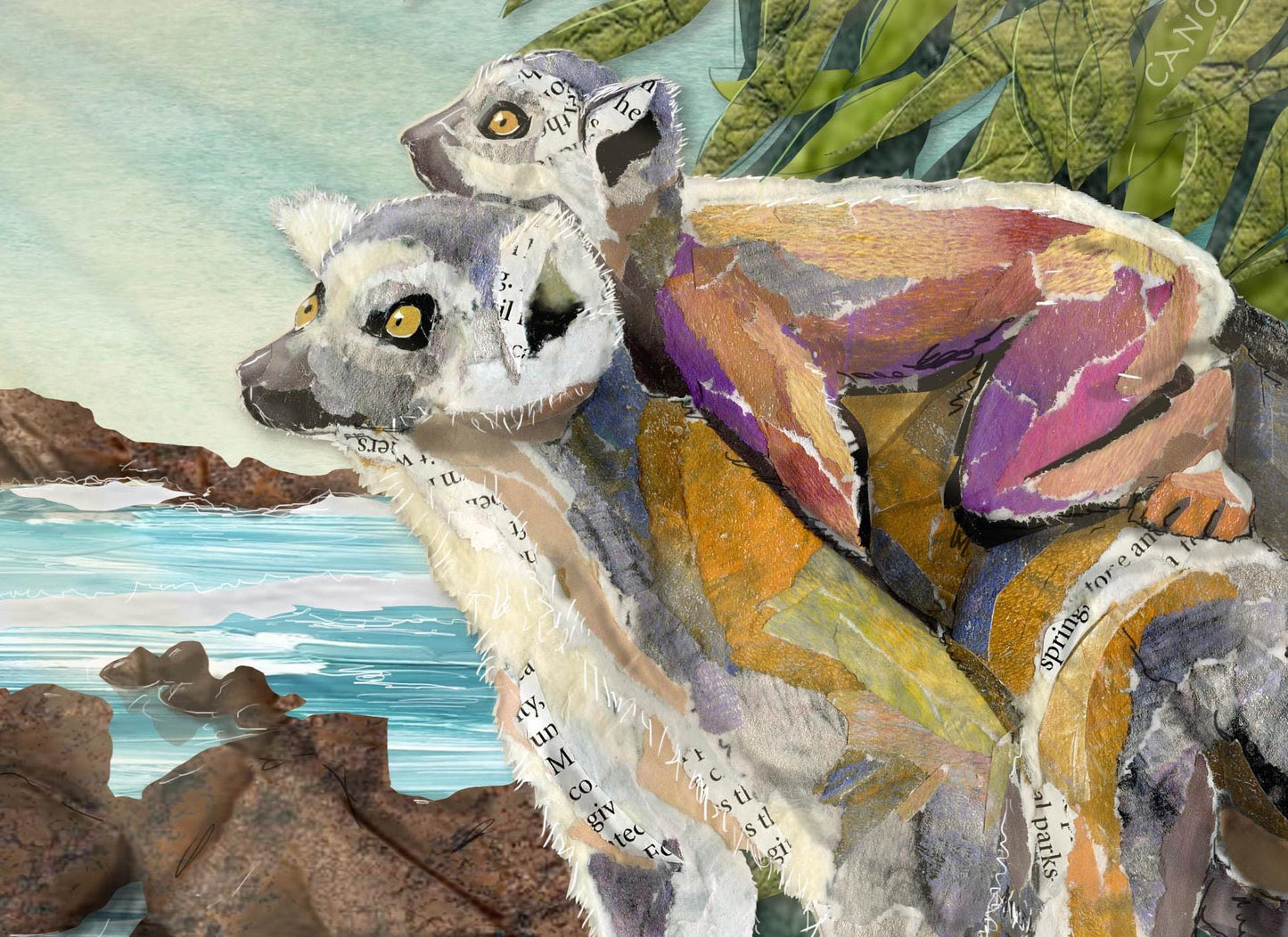 Lemur Wall Art – 8x10 Print of Lemur Mother & Baby – Matriarchal Animal Collage by Found and Rewound