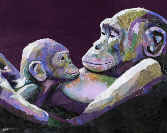 Bonobo Wall Art – 8x10 Mixed Media Collage – Female-Led Primate Family by Found and Rewound
