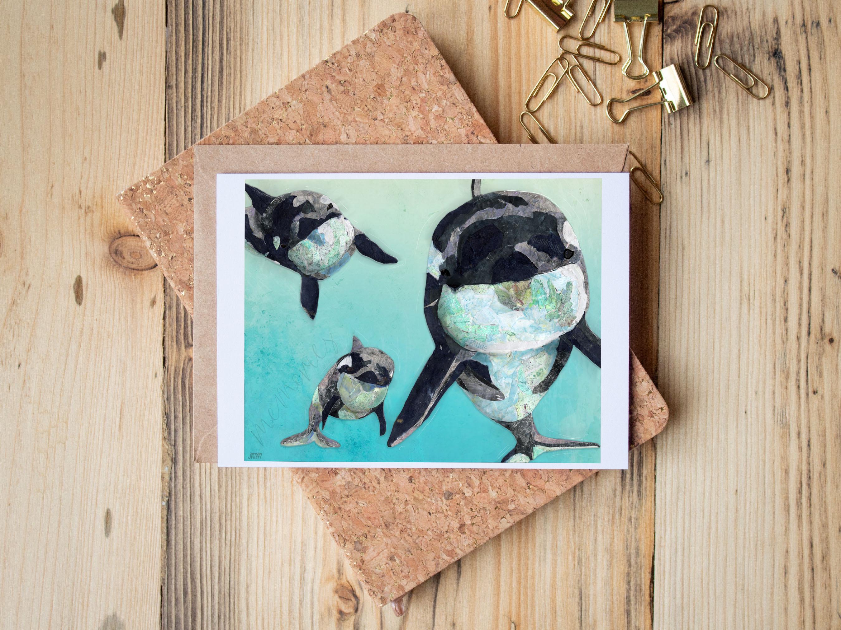 Orca Whale Family Greeting Card – Grandmother Wisdom – Matriarchal Ocean Life – 5x7 Blank Card