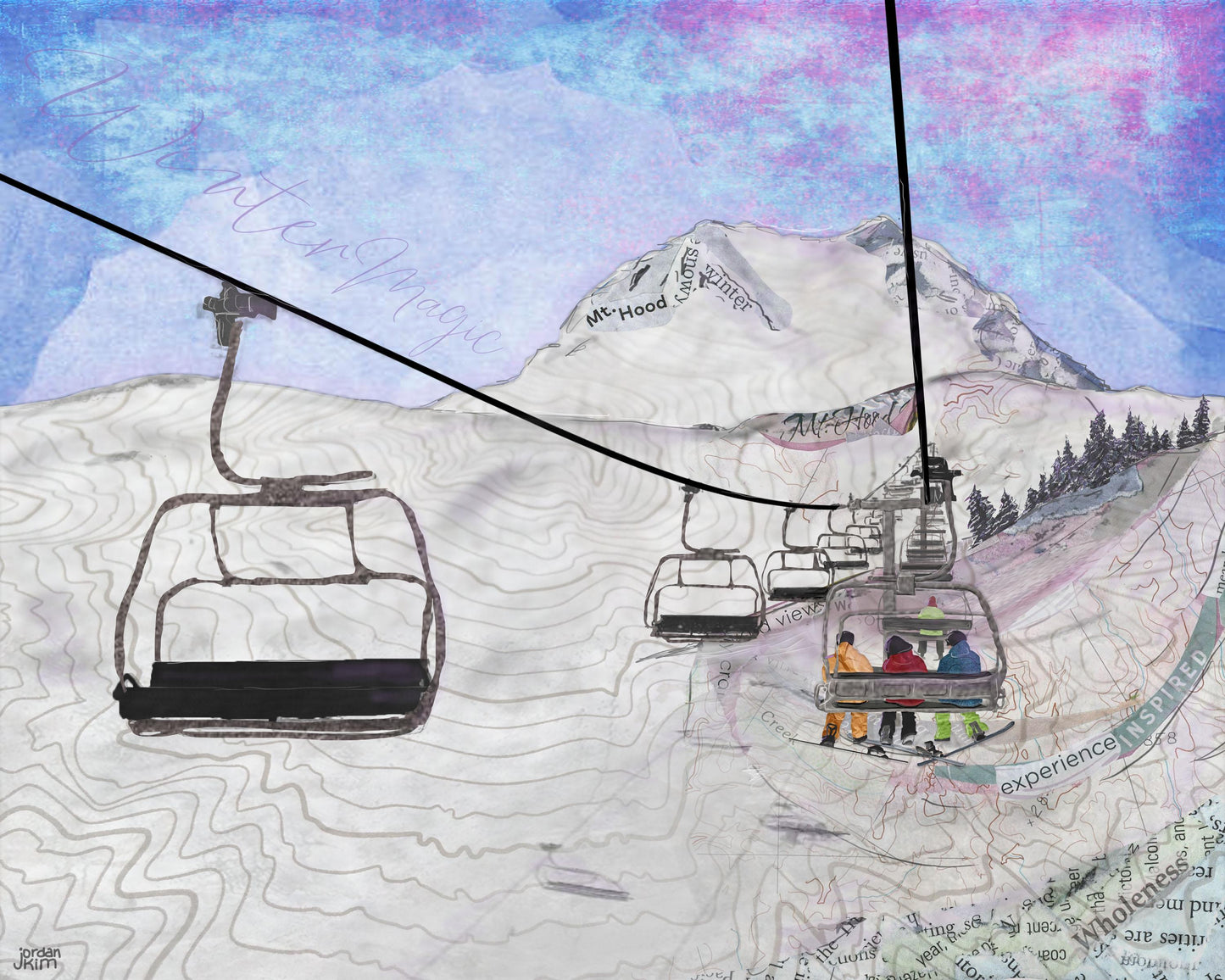 Mt Hood Snow Riders Art Print – 8x10 Winter Sports Collage – Oregon Ski Lift Wall Art