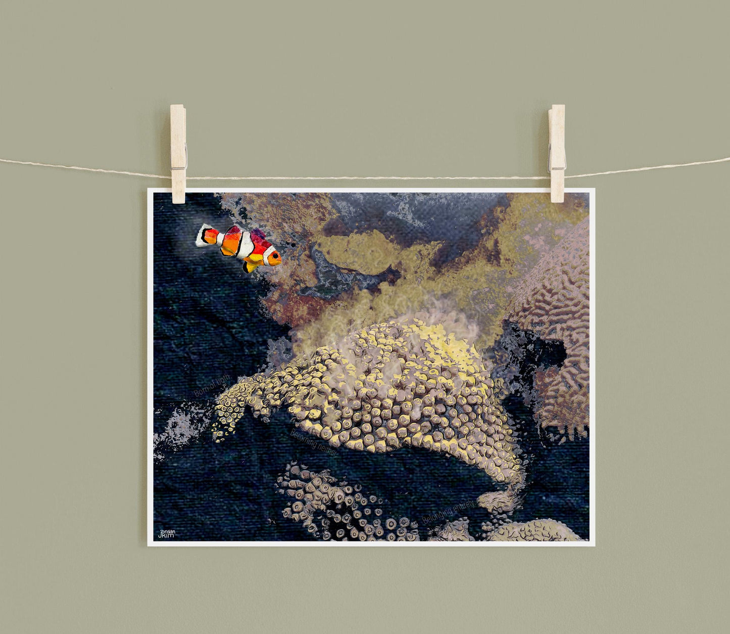 Coral Reef Art Print – Great Star Coral & Clownfish – Mixed Media Ocean Wall Art – 8x10 Print by Found and Rewound