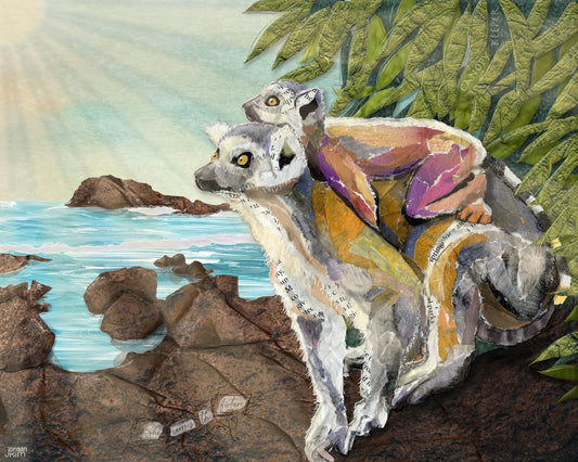 Lemur Wall Art – 8x10 Print of Lemur Mother & Baby – Matriarchal Animal Collage by Found and Rewound
