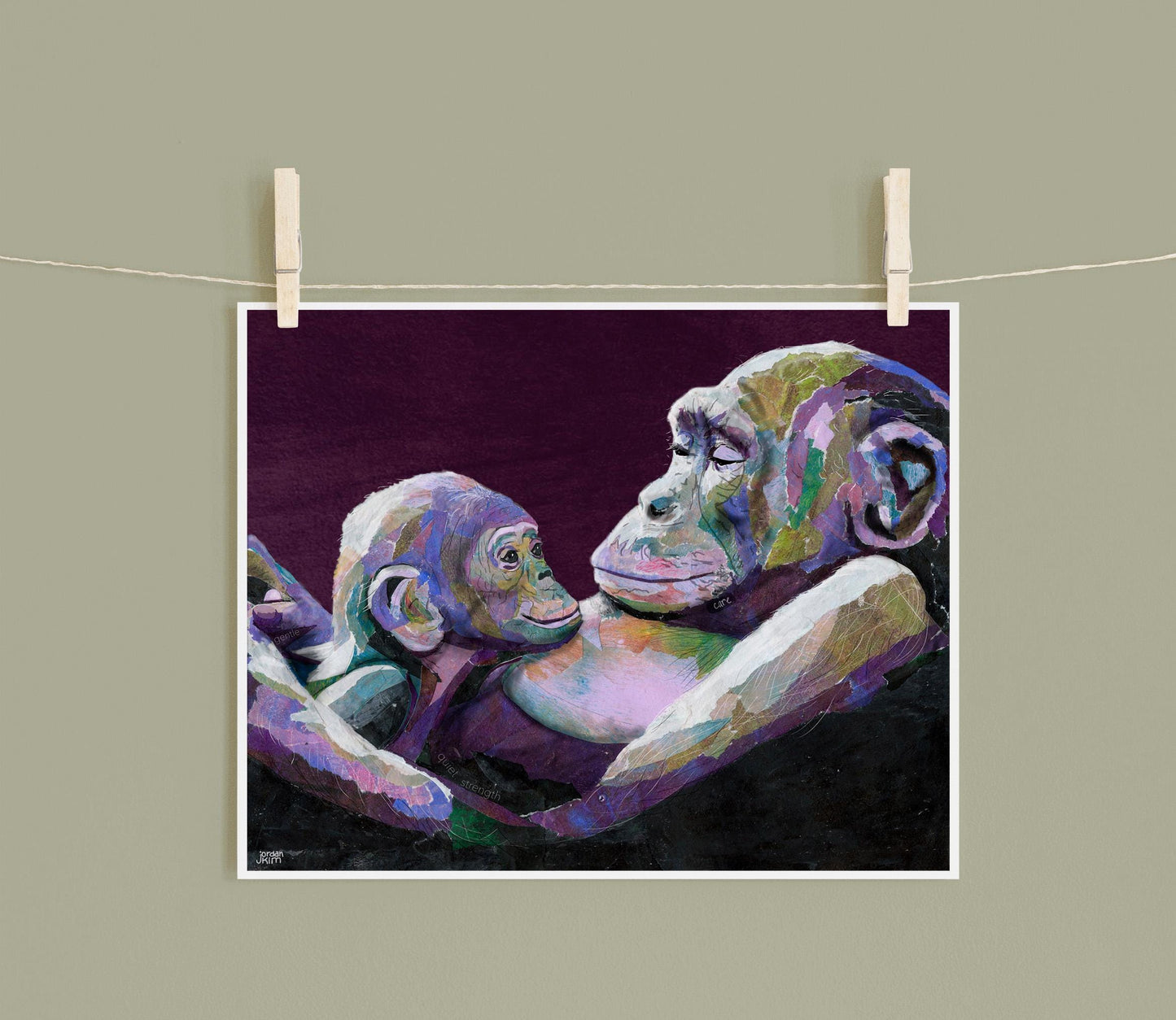 Bonobo Wall Art – 8x10 Mixed Media Collage – Female-Led Primate Family by Found and Rewound