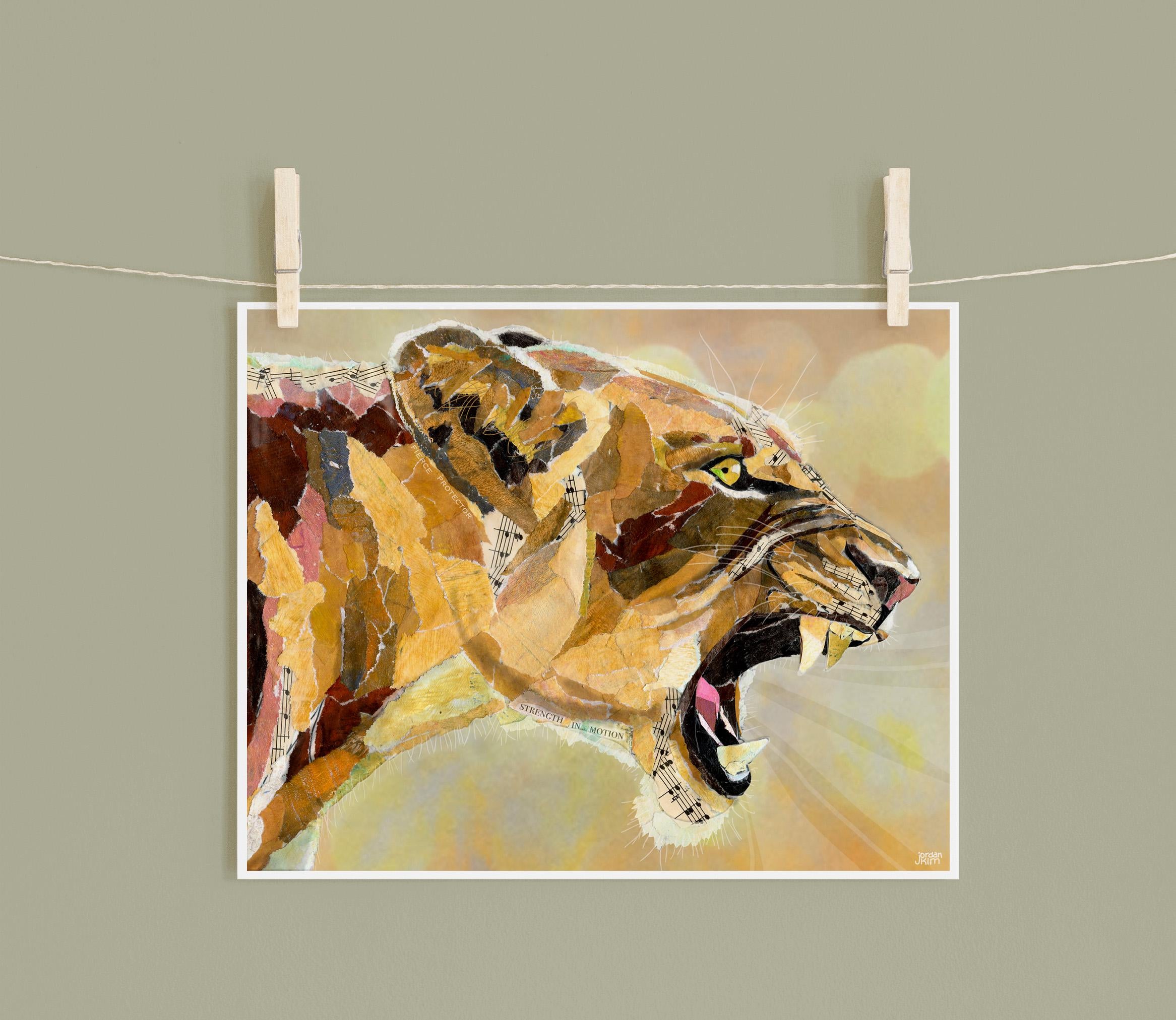 Lioness Art Print – 8x10 Mixed Media Collage – Powerful Matriarchal Animal Wall Art