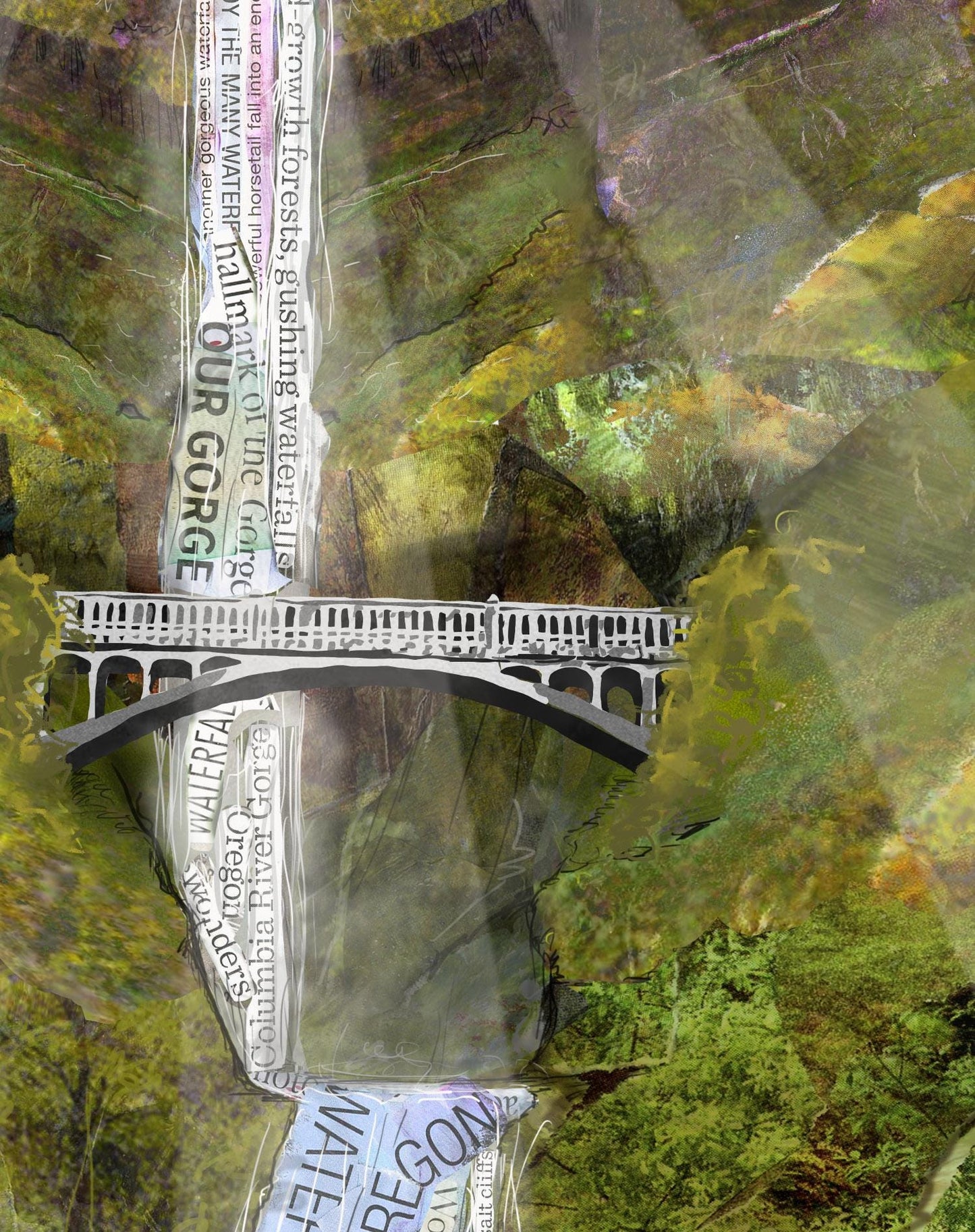 Multnomah Falls Art Print – 8x10 Oregon Waterfall Wall Art – Gorge Landscape Collage by Jordan Kim
