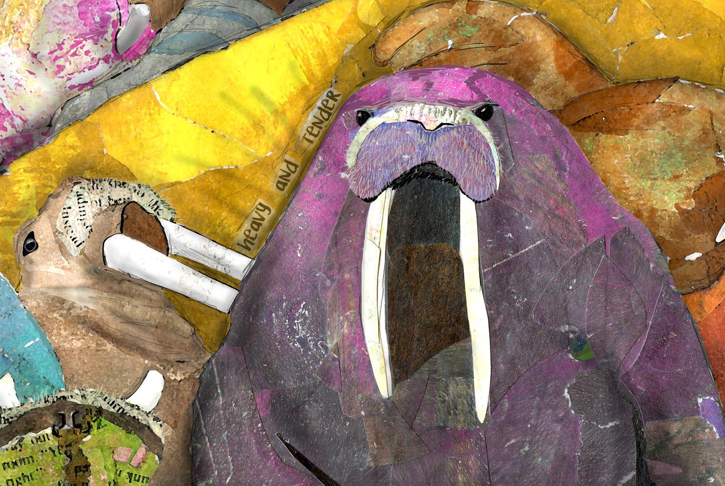 Walrus Wall Art – 8x10 Mixed Media Collage – Inspirational nature work by Found and Rewound