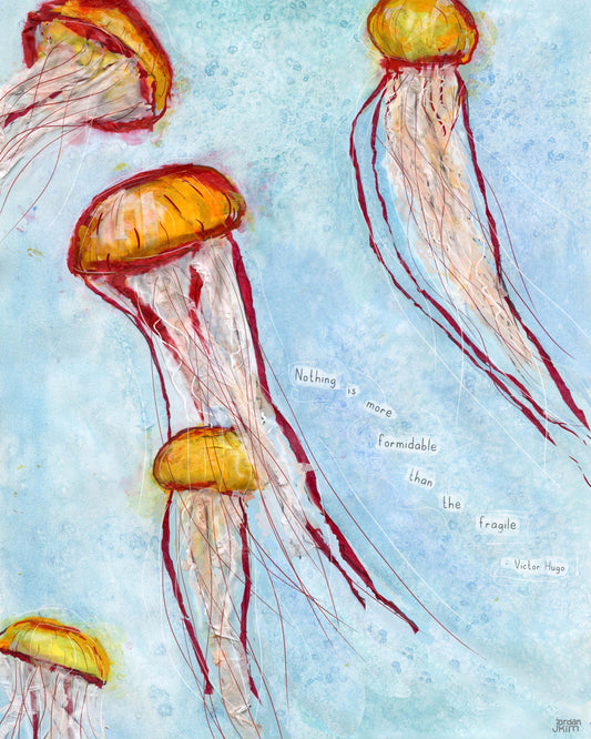 Jellyfish Wall Art – 8x10 Mixed Media Collage – Inspirational nature work by Found and Rewound