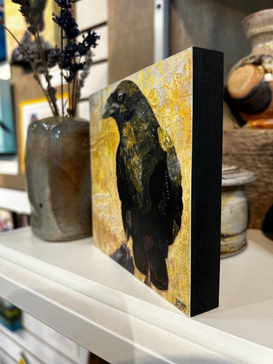5x5" Wood-Mounted Print - Raven - For Hanging or Free Standing on Shelf