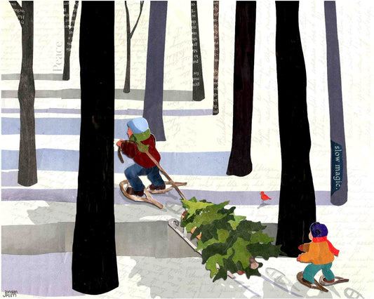 Holiday Greeting Card of a Father and Child Gathering a Christmas Tree in the Snow Woods Seasons Greetings
