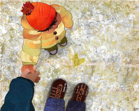Blank Geeting Card of a Child Holding a Parent's hand in Snow Dusted Grass - Heart, Love, Parenting Art - Collage