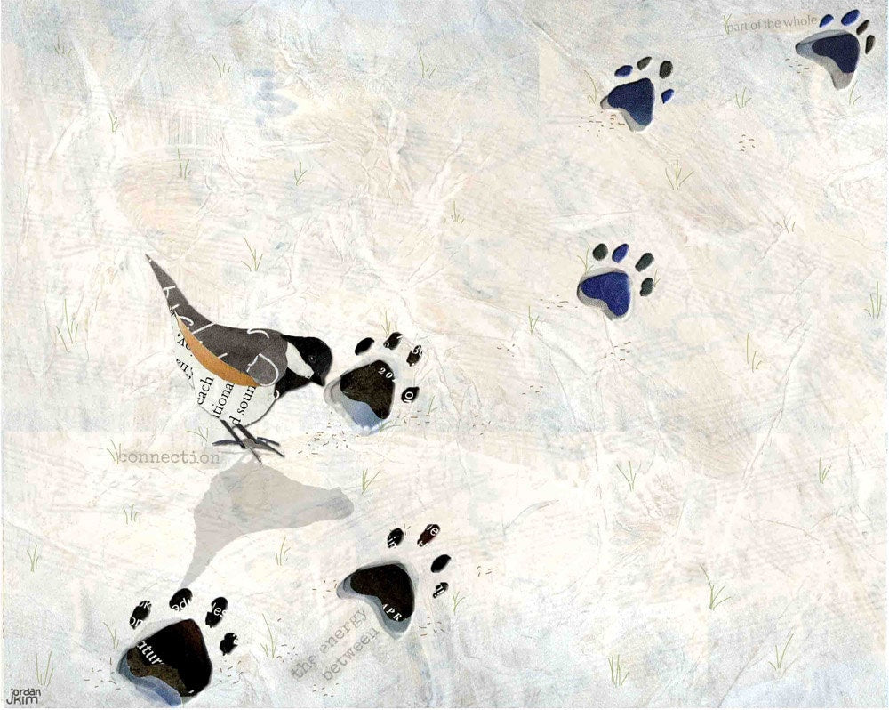 Greeting Card of a Little Bird Foraging in Footprints in the Snow - Inspiratonal Quotes - Blank Inside