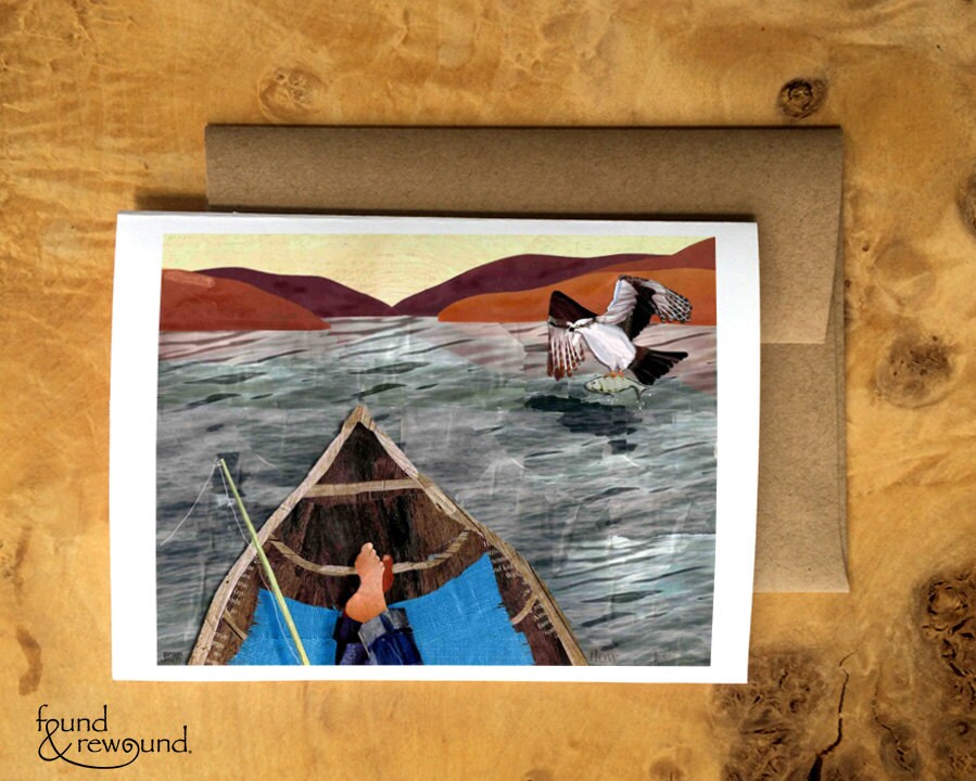 Greeting Card of a Person Drifting in a Boat Watching an Osprey Catch a Fish - Blank Inside
